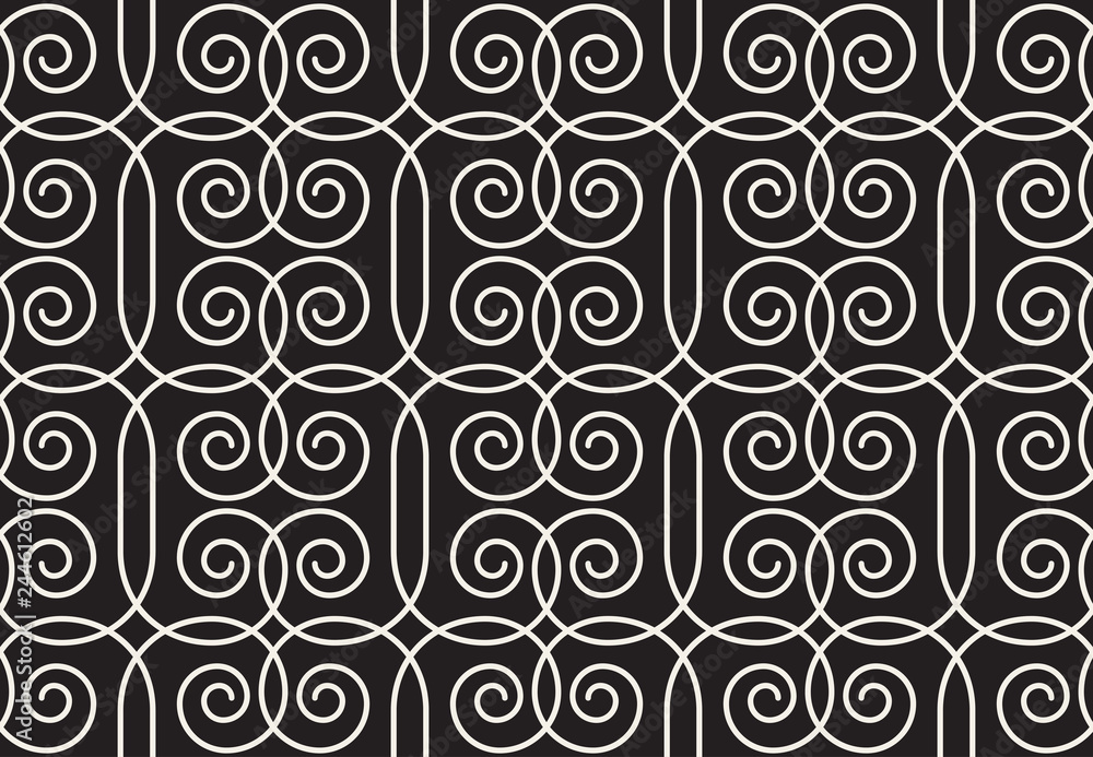 Geometrical linear pattern with curls. Vector seamless texture.