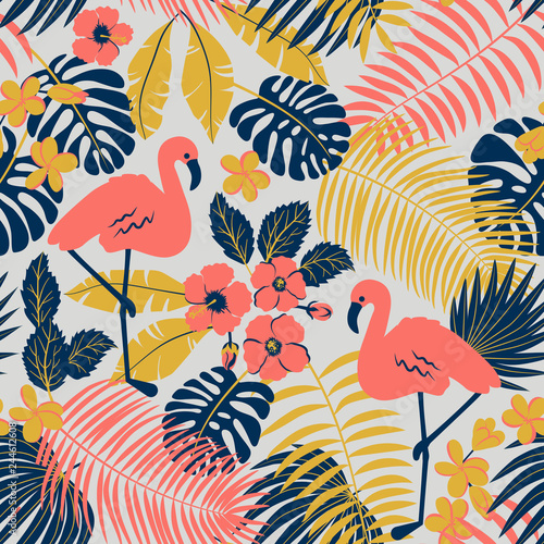 Tropic seamless pattern with flamingo, palms and flowers