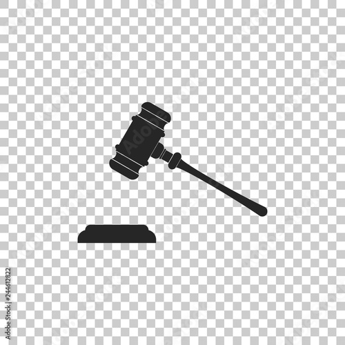 Judge gavel icon isolated on transparent background. Gavel for adjudication of sentences and bills, court, justice, with a stand. Auction hammer symbol. Flat design. Vector Illustration