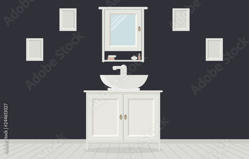 Provencal style bathroom with washbasin, wardrobe, paintings on the wall. Light gray wooden planks on the floor. Vector illustration © tatiana77777