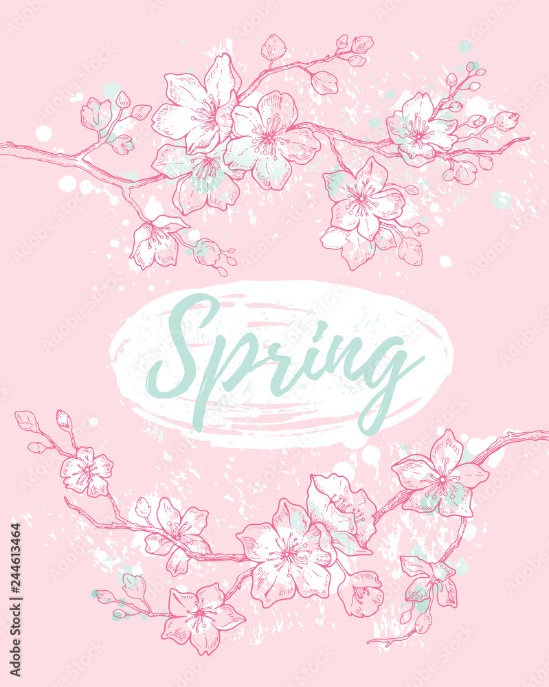 Spring watercolor sakura flower blossom poster, hand drawn style banner. Cute doodle japanese cherry plant. Vector illustration isolated on pink mint background. Realistic floral bloom holiday card