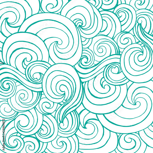 Seamless pattern with blue white stylized curls and waves for fabric textile design, pillow or wrapping. Vector illustration