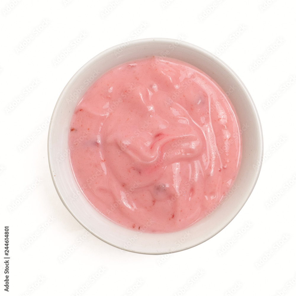 Bowl of strawberry yogurt isolated on white background from top view Bowl of strawberry yogurt isolated on white background from top view