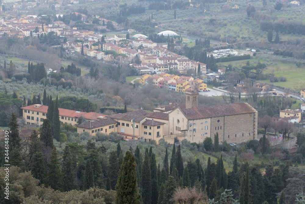 Aerial view of Badia Fiesolana Monastery in Fiesole, Tuscany, Italy.