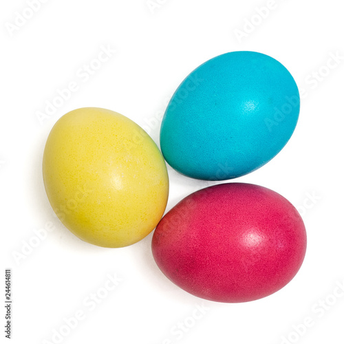 Three colorful easter eggs isolated on a white. Top view
