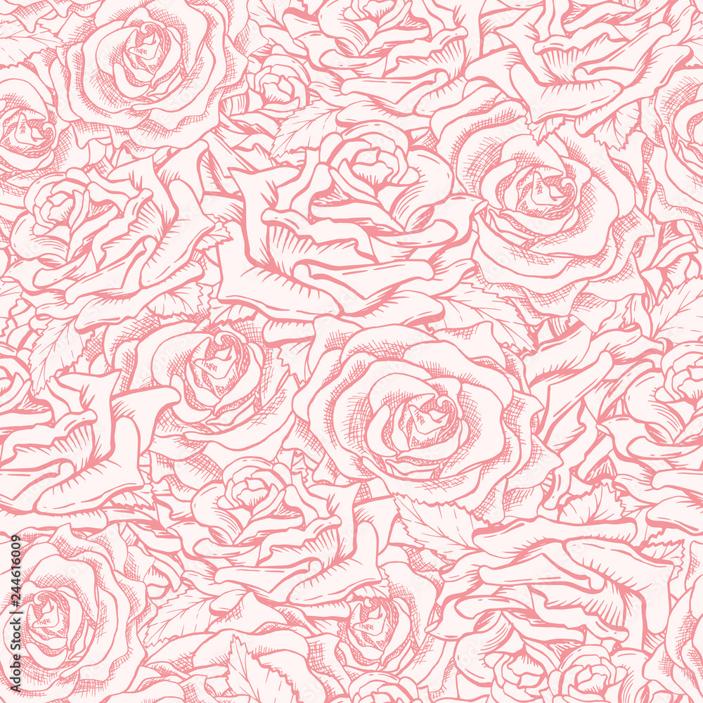 Red or Pink Roses Seamless Pattern with Sketch Hand Drawn Flowers for Valentines Day Gift Paper or Card Design. Engraved Freehand Rose. Floral Pattern Red or Pink Roses Seamless Pattern with Sketch Hand Drawn Flowers for Valentines Day Gift Paper or Card Design. Engraved Freehand Rose. Floral Pattern