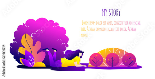 Illustration with dreaming girl in nature. Romantic card in trendy flat linear style. Vector banner.