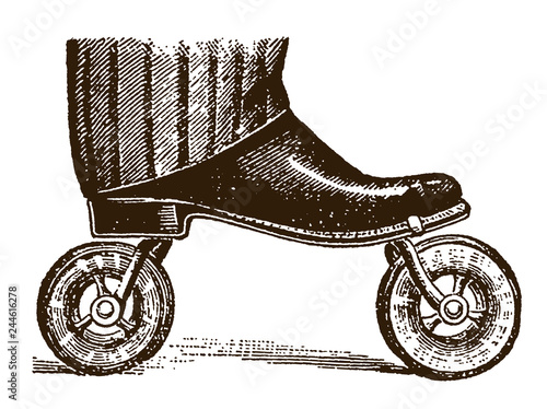Antique roller skate with pneumatic tires clamped on the sole of a shoe, after engraving from 19th century