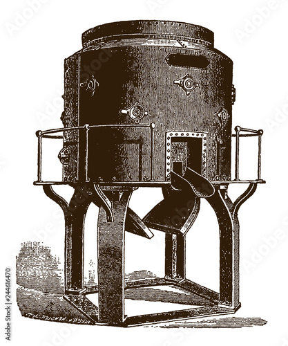 Historical cupola furnace for melting iron, after engraving from 19th century