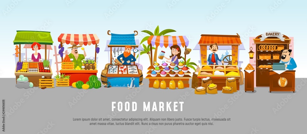 Food market cartoon banner concept. Local business vector illustration