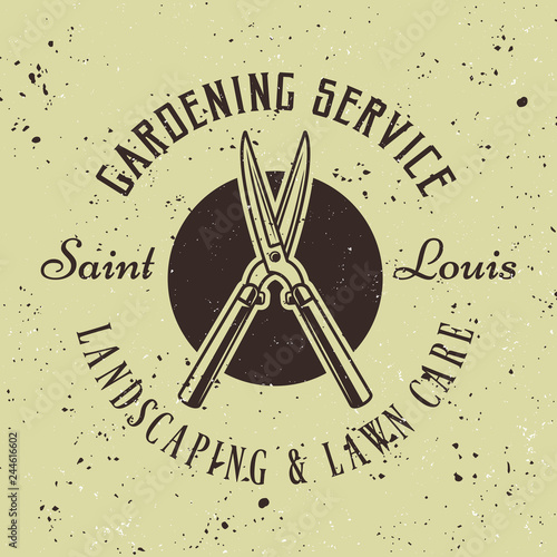 Gardening service vector retro emblem with pruner