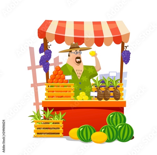 Local food market cartoon vector illustration. Fruits and vegetables shop. Vector illustration