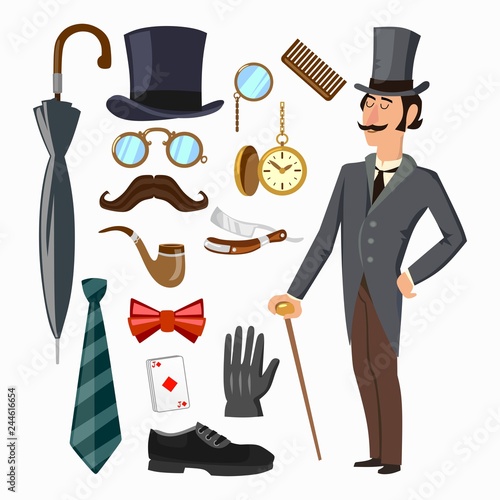 Gentleman's supply set. Hat, umbrella, gentleman, tie, glove, man etc. Vector cartoon illustration