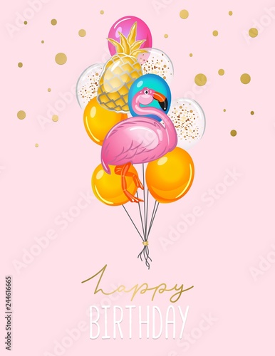 Happy Birthday greeting card with balloons on pink background. Cute flamingo and pineapple balloons card for invitation or print. Vector illustration