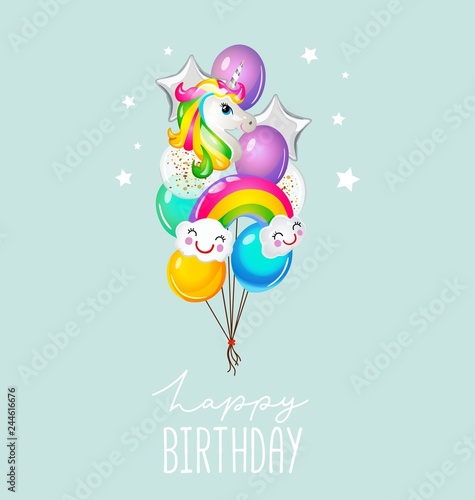 Happy Birthday greeting card with balloons on blue background. Cute unicorn and rainbow balloons card for invitation or print. Vector illustration