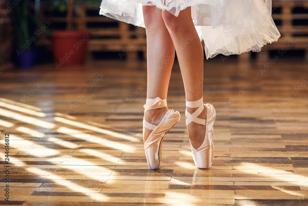 Close-up dancing legs of ballerina wearing white pointe ballet shoes in the  dancing hall. Stock Photo | Adobe Stock