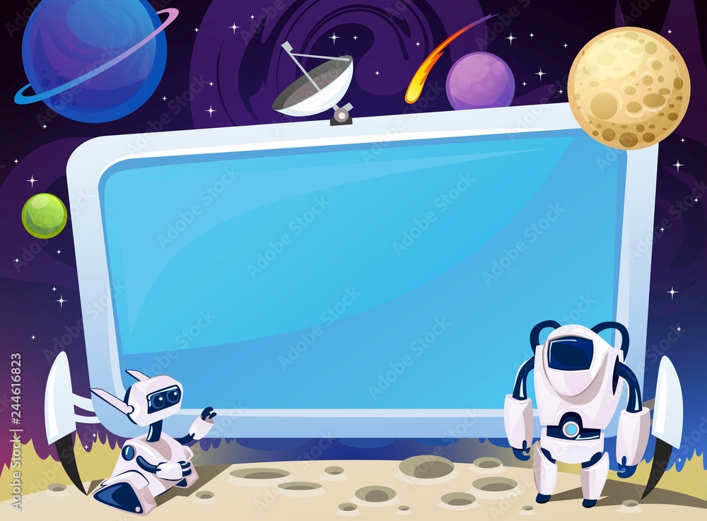 Cartoon space background with empty computer screen in the middle. Vector cosmic illustration for party, greeting card, invitation, certificates etc - obrazy, fototapety, plakaty 