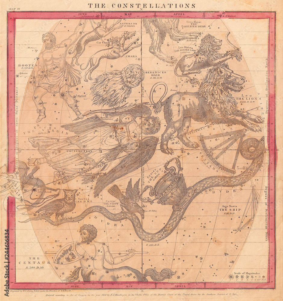 Obraz premium 1856, Burritt, Huntington Map of the Constellations or Stars in June, May and April