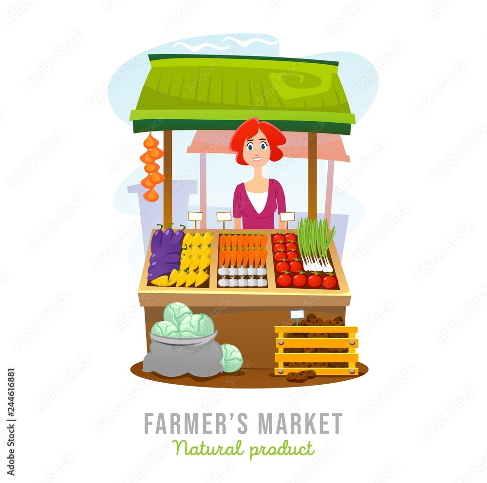 Local food market cartoon vector illustration. Fruits and vegetables shop.  Vector illustration Stock Vector | Adobe Stock