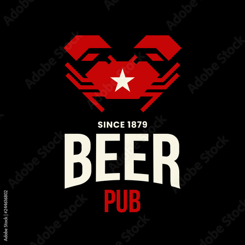 Modern craft beer drink vector logo sign for bar, pub, store, brewhouse or brewery isolated on black background. Premium quality crab logotype illustration. Brewing fest fashion t-shirt badge design.
