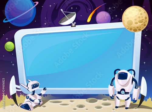 Cartoon space background with empty computer screen in the middle. Vector cosmic illustration for party, greeting card, invitation, certificates etc