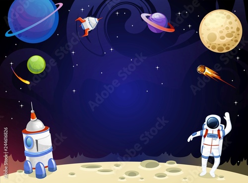 Cartoon space background with empty space in the middle. Vector cosmic illustration for party, greeting card, invitation, certificates etc