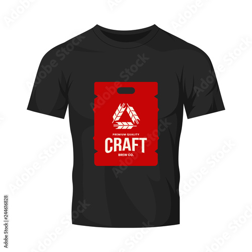 Modern craft beer drink vector logo sign for bar, pub, store, brewhouse or brewery isolated on black t-shirt mock up. Premium quality keg logotype illustration. Brewing fest fashion badge design.
