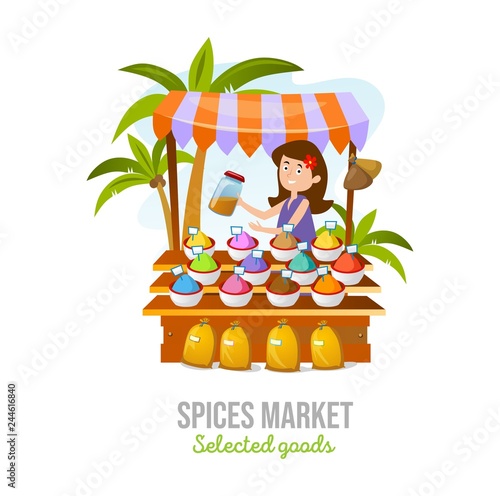 Spice market isolated on white background. Cartoon spice shop. Local business vector illustration