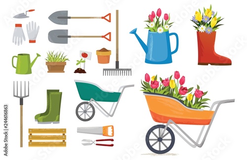Set of colorful spring elements and decorations for garden. Vector spring cartoon set
