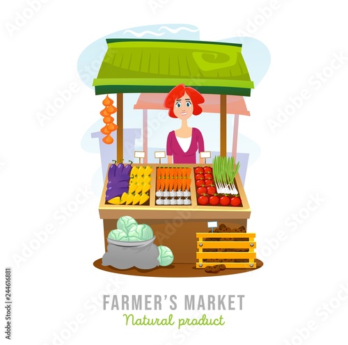 Local food market cartoon vector illustration. Fruits and vegetables shop. Vector illustration