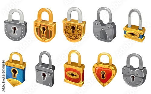 Vector lock set isolated on white background for security protection. Vector locking mechanism icons for web design, games, ui, etc.