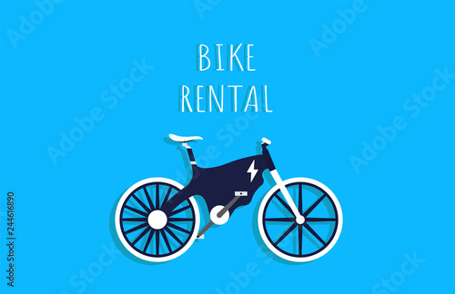 Bike rental. Rent bike. Electric Bike with blue and white color. E-Bike. Bicycle sign for web or print in flat design. Blue background. Vector illustration.