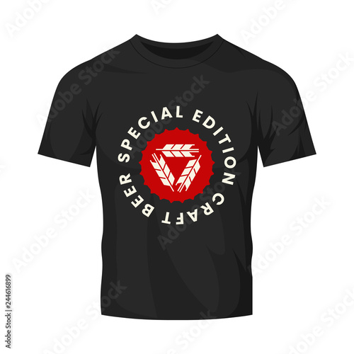 Modern craft beer drink vector logo sign for bar, pub, store, brewhouse or brewery isolated on black t-shirt mock up. Premium quality emblem logotype illustration. Brewing fest fashion badge design.