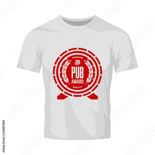 Modern craft beer drink vector logo sign for bar, pub, store, brewhouse or brewery isolated on white t-shirt mock up. Premium quality wooden barrel logotype illustration. Brewing fest badge design.
