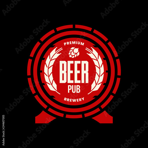 Modern craft beer drink vector logo sign for bar, pub, store, brewhouse or brewery isolated on black background. Premium quality wooden barrel logotype illustration. Brewing fest t-shirt badge design.
