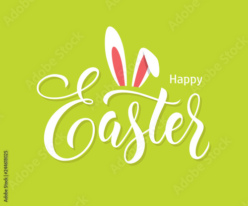 Easter lettering with bunny ears on green background.