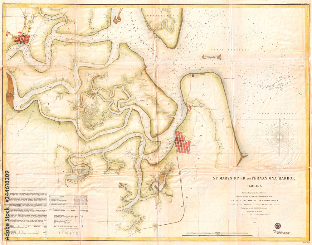 Obraz premium 1857, U.S. Coast Survey Map or Chart of St. Mary's River and Fernandina Harbor, Florida