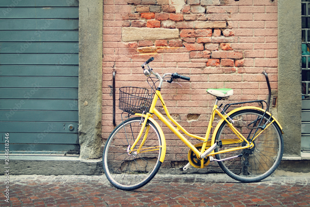 Bicycle leaning against an old grunge wall, Lucca, Italy