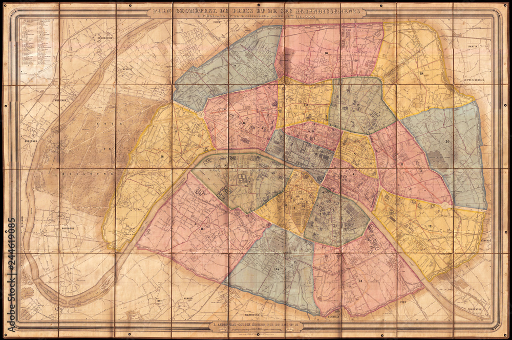 1860, Andriveau Goujon Folding Wall Map of Paris, France