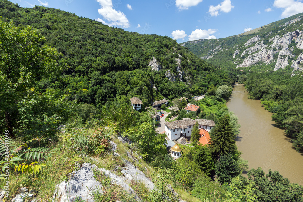 Fototapeta premium Panorama of Medieval Cherepish Monastery of The Assumption and Iskar River Gorge, Vratsa region, Bulgaria