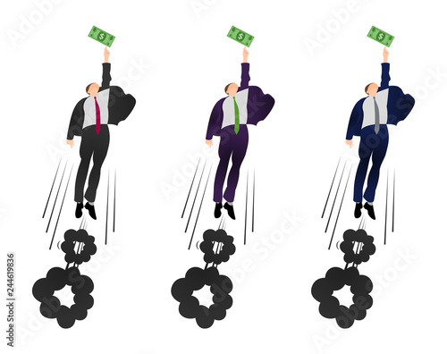 Illustration of  vector flat businessman trying to get a dollar. Being motivated by money. Earning much more money. Pursuit of money.  Trying to earn. 