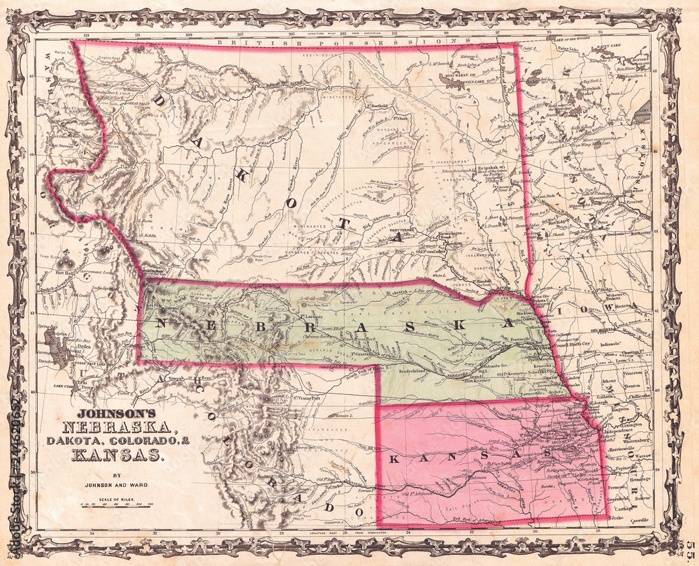 Fototapeta premium 1862, Johnson Map of Kansas, Nebraska and Dakota