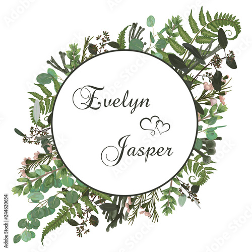 Wedding floral invitation, invite card. Vector watercolorgreen forest leaf, fern, brunia, branches boxwood, buxus, eucalyptus and chamaelaucium. Natura, botanical green decorative round frame