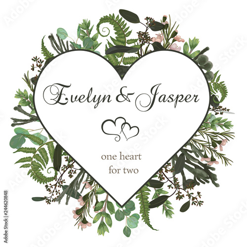Valentine greeting card, invite card. Vector watercolor style herbs, eucalyptus,  forest fern, brunia, waxflower. Natural, branches boxwood, buxus  and chamaelaucium. Decorative heart