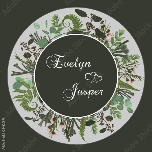 Wedding floral invitation, invite card. Vector watercolor set green forest fern, brunia, herbs, eucalyptus, branches boxwood, buxus and chamaelaucium. Natura, botanical, round frame on green