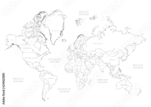 Highly detailed world map with labeling. Border country vector illustration.