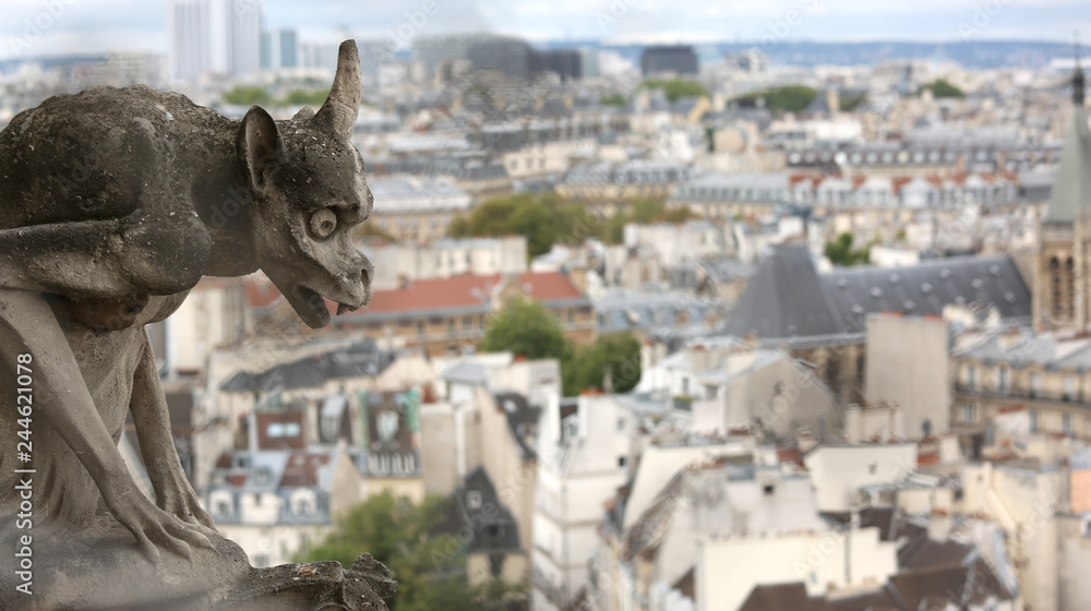 ancient statue of a gargoyle in the church of Notre Dame