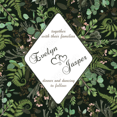 Wedding square floral invitation, invite card. Vector watercolor set green forest fern, herbs, brunia, eucalyptus, branches boxwood, buxus and chamaelaucium.. Botanical decorative frame, rhomb