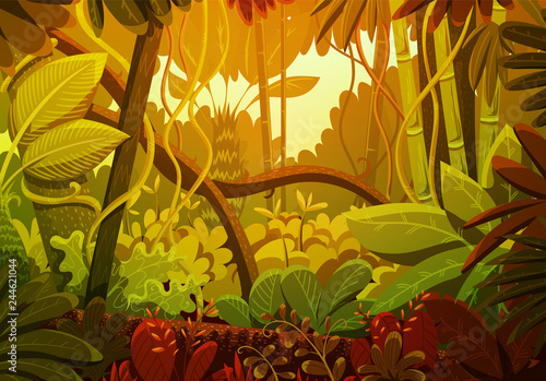 Vector illustration of tropical jungle background. Landscape with orange and green colors at sunset. Rainforest with dense vegetation of trees, bushes and lianes. 