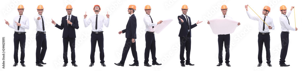panoramic photo collage of confident architect isolated on white panoramic photo collage of confident architect isolated on white